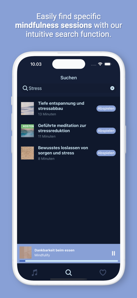 Mindfulness App - Mindfulify - Mindfulify app search screen displaying various mindfulness and stress reduction sessions