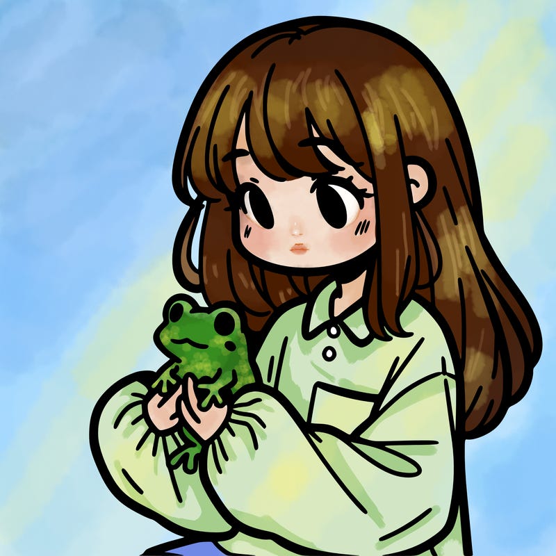 girl with long hair and a oversized shirt. and she is holding a frog