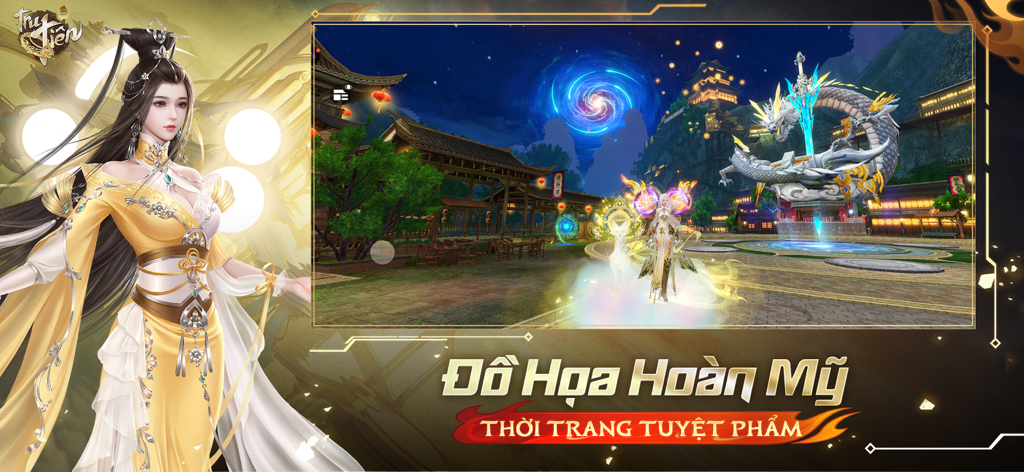 Tru Tiên 3D - Thanh Vân Chí - Une femme personnage en élégantes robes jaunes se tenant devant une scène de village nocturne haute définition dans Tru Tien 3D.