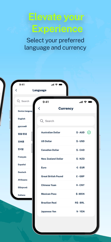 旅行者向けのグローバルな言語と通貨設定を表示するFlexiRoamアプリのインターフェース