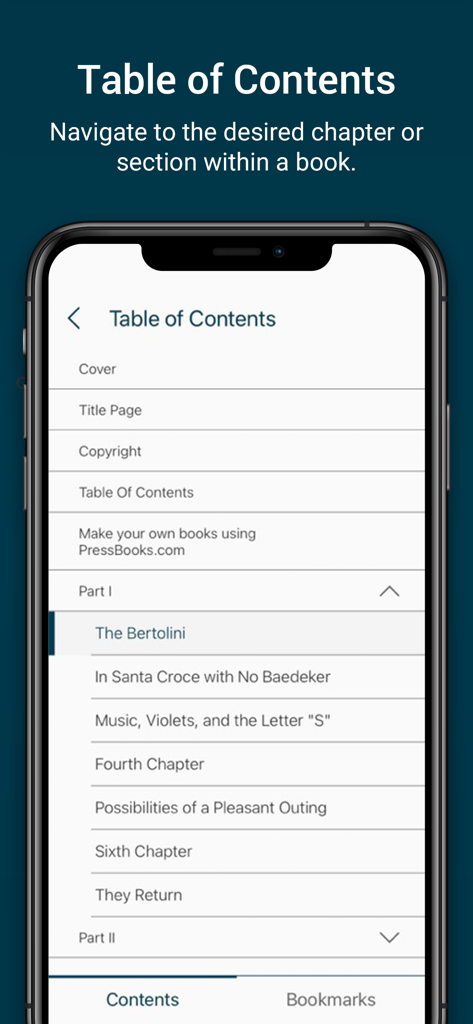 Willo Labs Mobile Reader - Table of Contents screen in the Willo Labs Mobile Reader showing book chapters and sections