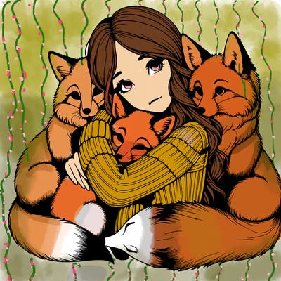 realistic, looking girl hugging, foxes