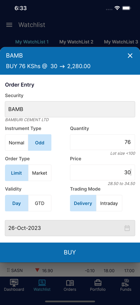 Tela de entrada de ordem de ações no aplicativo Sterling Plus mostrando uma ordem de compra limite para Bamburi Cement Ltd.