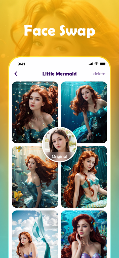 CoCola: AI generation tools - CoCola app screen showcasing the face swap feature transforming a user into various mermaid characters