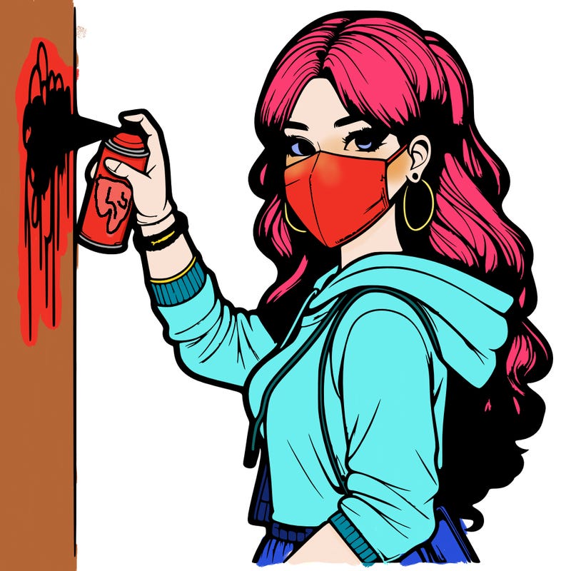 realistic girl with mask spray painting a wall