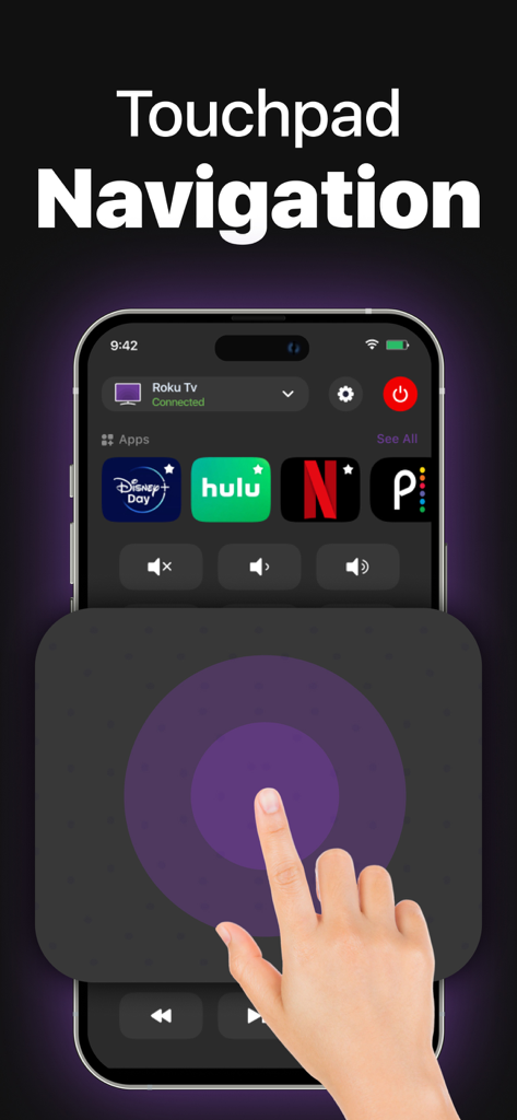 Universal TV Remote App - Una mano usando la función de navegación con panel táctil en la aplicación Universal TV Remote para controlar una Smart TV.