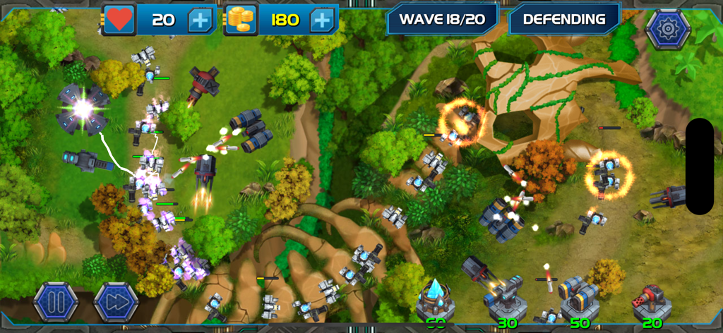 Rush Zone: Tower Defense TD - In-game screenshot of Rush Zone Tower Defense showing turrets defending a base against robot waves in a forest.