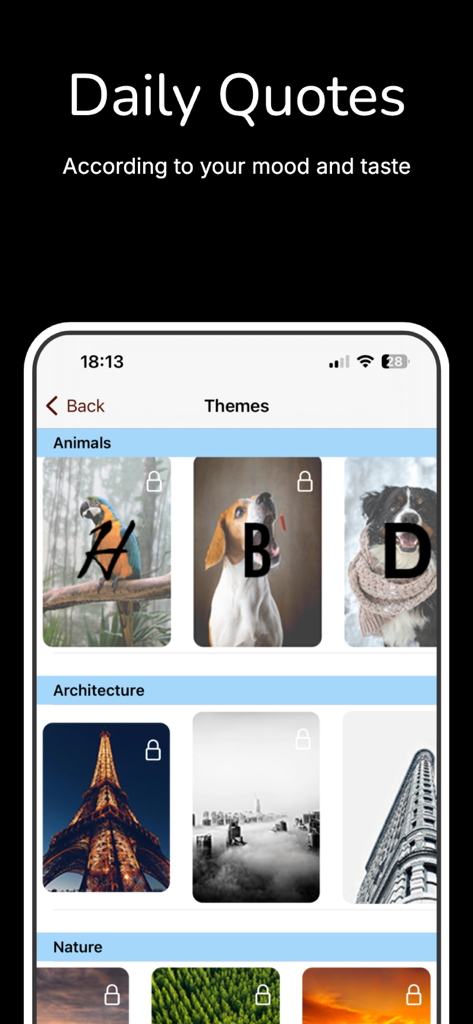 Quote of the Day: Daily Wisdom - 動物、建築、自然で分類された毎日の引用のための背景テーマの選択。