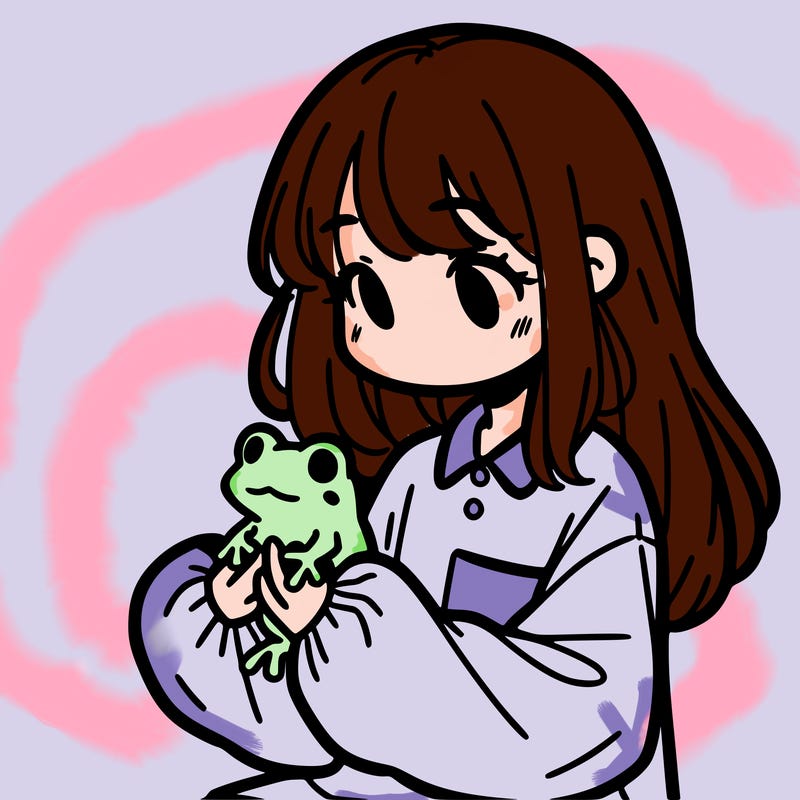 girl with long hair and a oversized shirt. and she is holding a frog