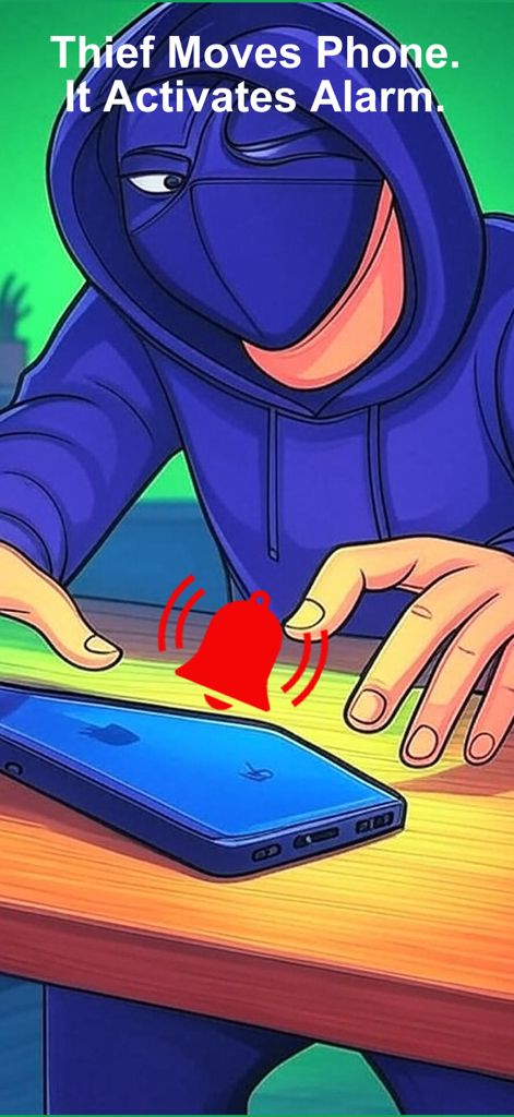 Anti Theft Alarm:SecurityAlarm - Ladrão mascarado acionando um alarme de movimento alto ao tentar roubar um smartphone.
