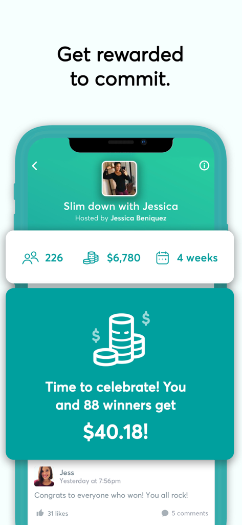 DietBet: Lose Weight & Win! - DietBet App-Bildschirm, der eine Belohnung von vierzig Dollar für den Gewinn einer Gewichtsverlust-Challenge mit Community-Unterstützung zeigt