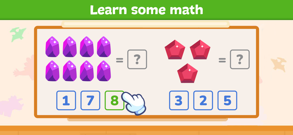 Dinosaur Games: Kids Learning - A toddler counting game interface showing rows of crystals and shapes with a hand selecting the correct number