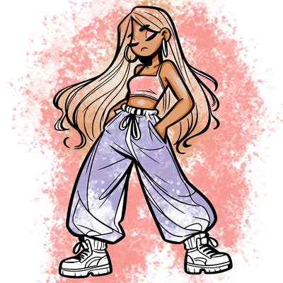 girl in baggy pants crop top and long hair