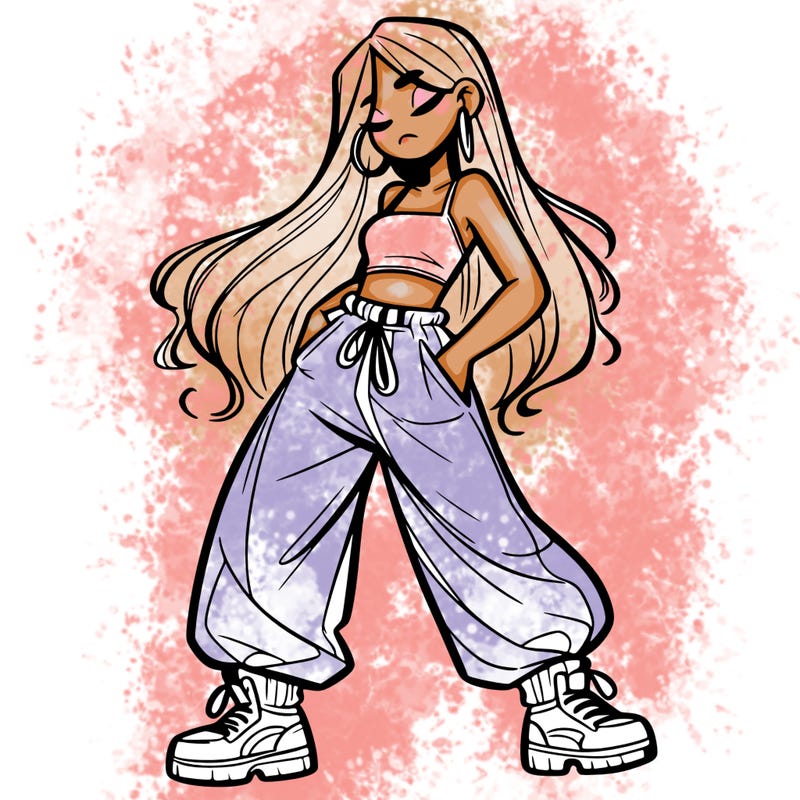 girl in baggy pants crop top and long hair