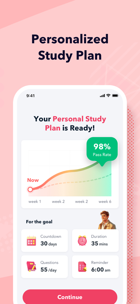 CISA Exam Prep 2026 - Personalized study plan dashboard for CISA exam preparation featuring a pass rate graph and daily study goals