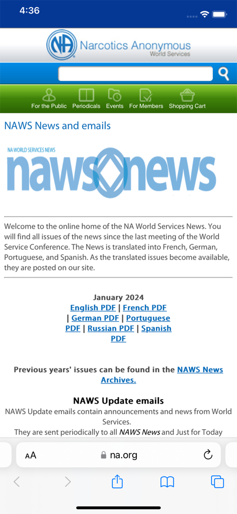 Narcotics Anonymous World Services news page with links to newsletters in multiple languages