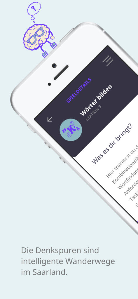 Denkspur app screen showing a word puzzle game station for cognitive training