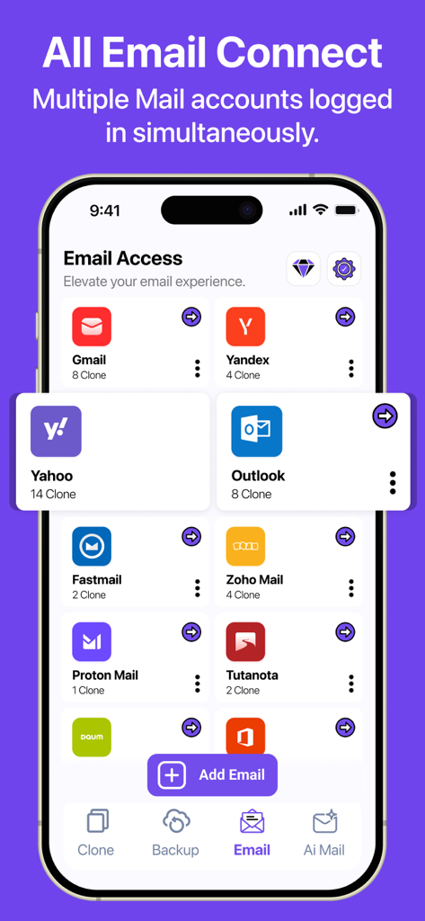 Dual Space - Multi Accounts - Interfaz de la aplicación Dual Space para gestionar múltiples clones de correo electrónico en iPhone