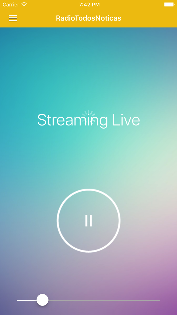 Interface du lecteur de streaming radio de l'application Spain News avec bouton pause et curseur de volume.