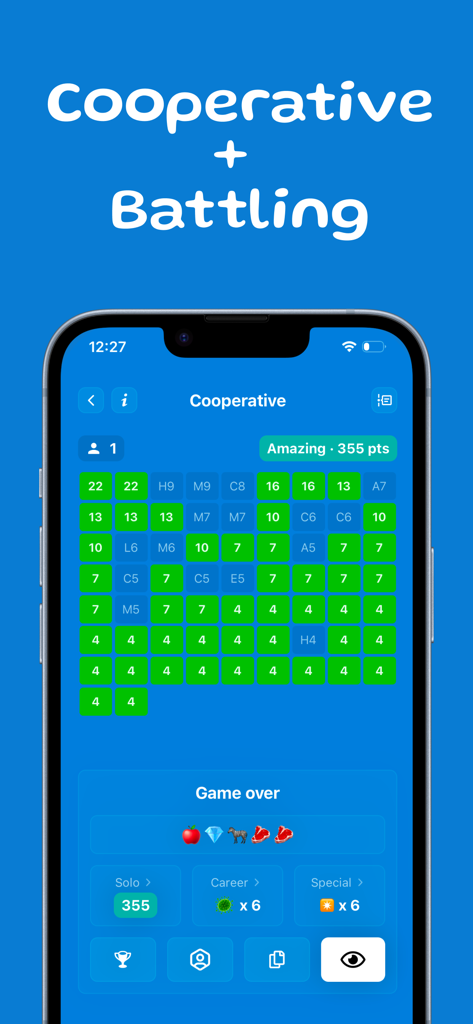 Bloobi - Bloobi app screen showing results from a cooperative word puzzle battle