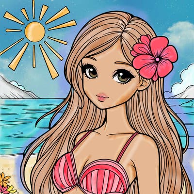 realistic girl with a flower on her hair and standing outside in the sun at the beach with a swimsuit on