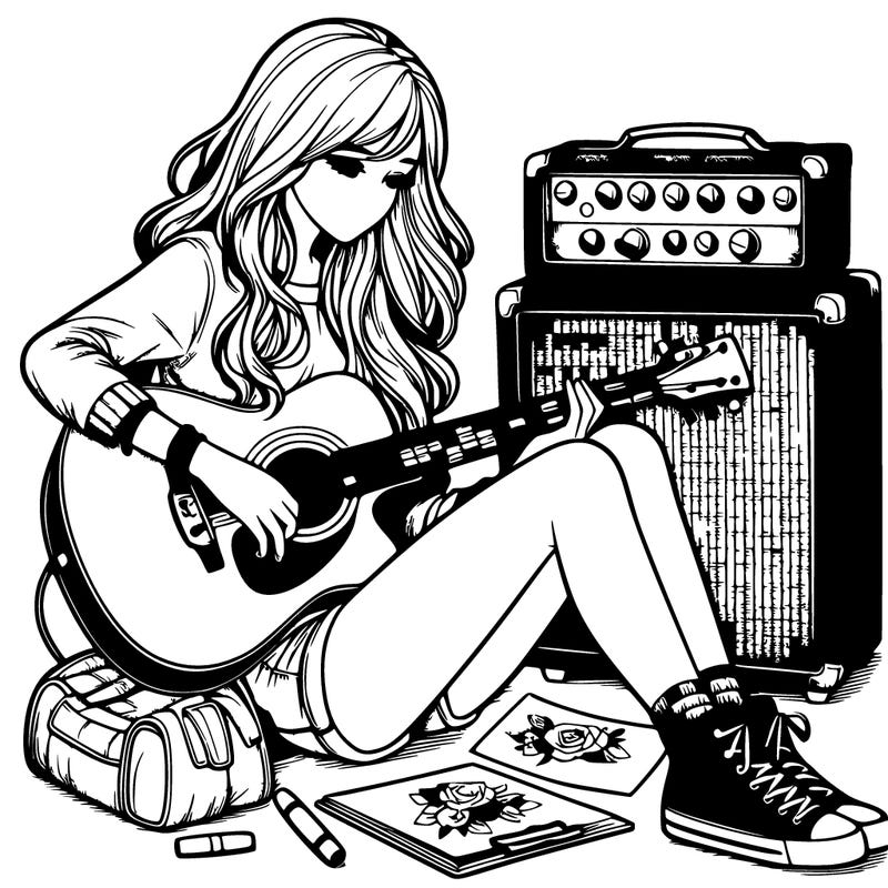 realistic girl playing guitar while sitting on an amp
