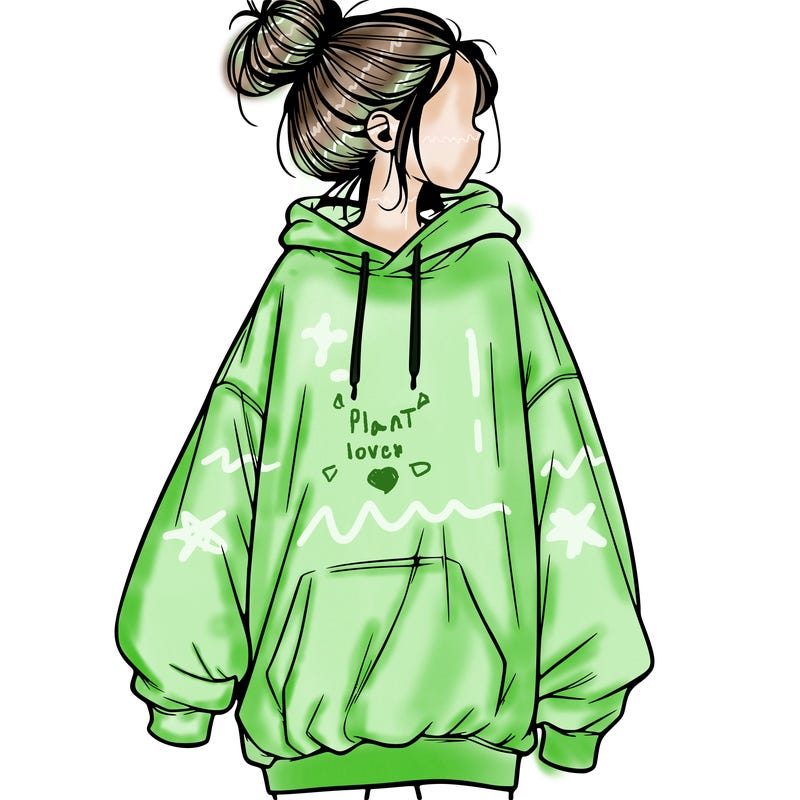 realistic girl with a oversized sweatshirt on and a bun