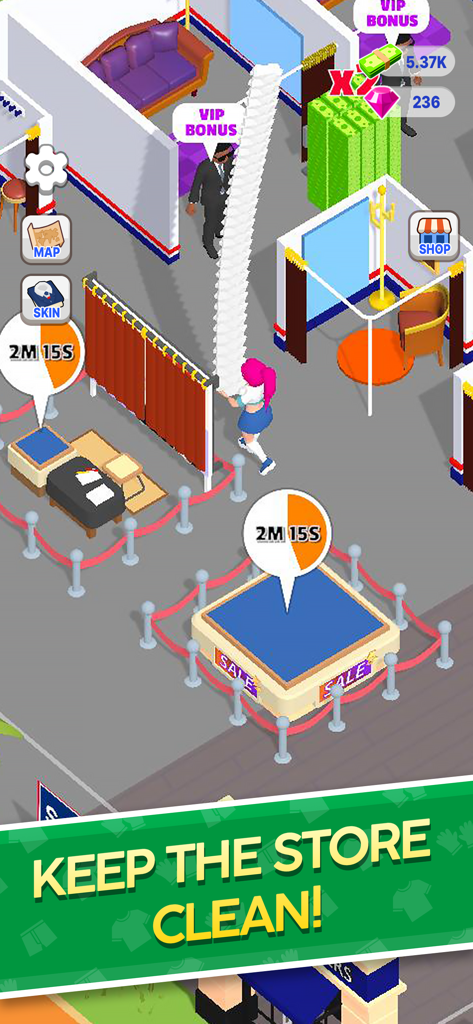 Beach Apparel - A female character carrying a tall stack of white clothes in a boutique shop management game