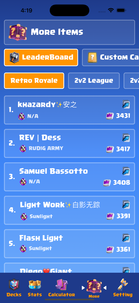 Deck Guides - Top-Spielerranglisten auf der Retro Royale Rangliste innerhalb der Deck Guides App.