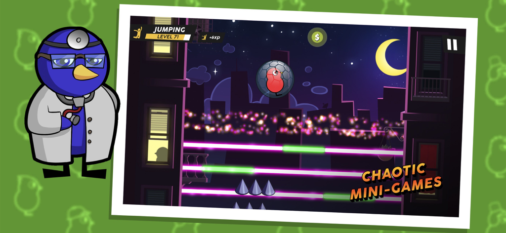 Duck Life 8: Adventure - A duck dressed as a doctor next to a gameplay screen showing a jumping mini-game at night in a city