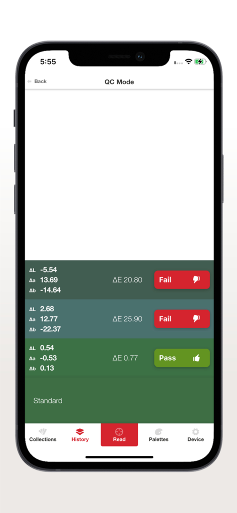 Datacolor ColorReader - Datacolor ColorReader app screen showing quality control results for color matching