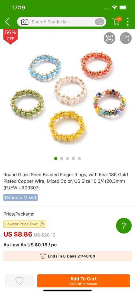 Pandahall  Beads - Product page for colorful round glass seed beaded finger rings on the PandaHall app