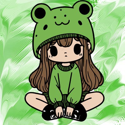 a girl wearing a frog hat and some frog socks