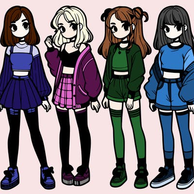 one girl with crop-top shirt and a jacket with a skirt, long socks and another girl with a shirt and pants with a jacket