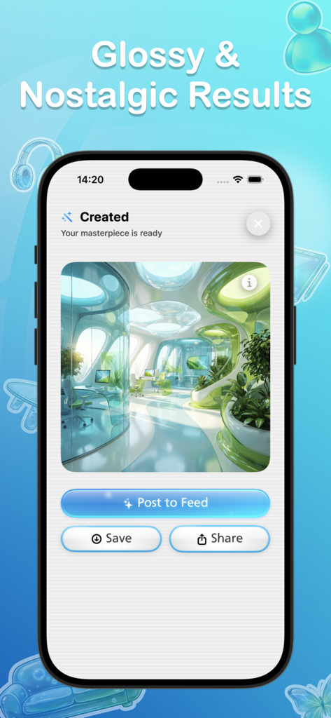 Aesthify: Frutiger Aero AI Art - A smartphone screen displaying a glossy Frutiger Aero AI art result with options to post to feed save and share
