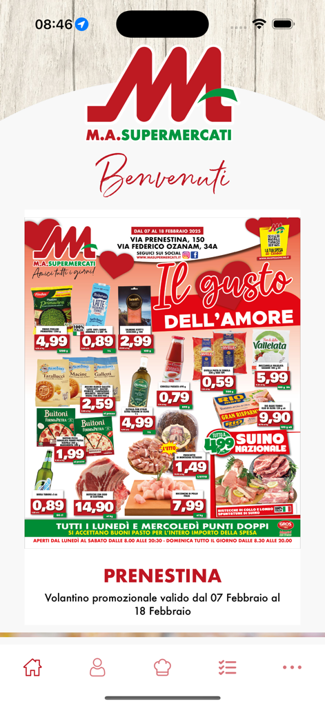 Schermata dell'app MA Supermercati che mostra un volantino promozionale digitale con sconti sulla spesa e dettagli sulla posizione del negozio