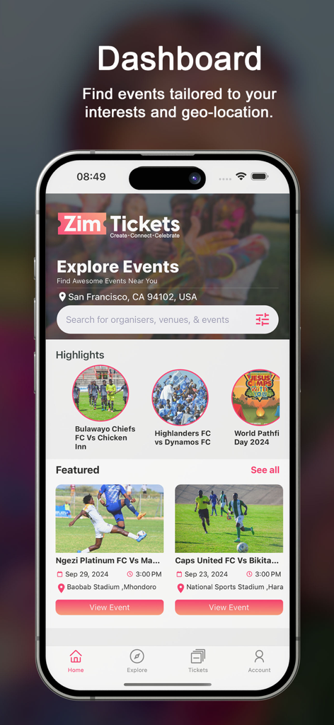 Zim Tickets - Zim Tickets app dashboard showing featured football matches and community events.