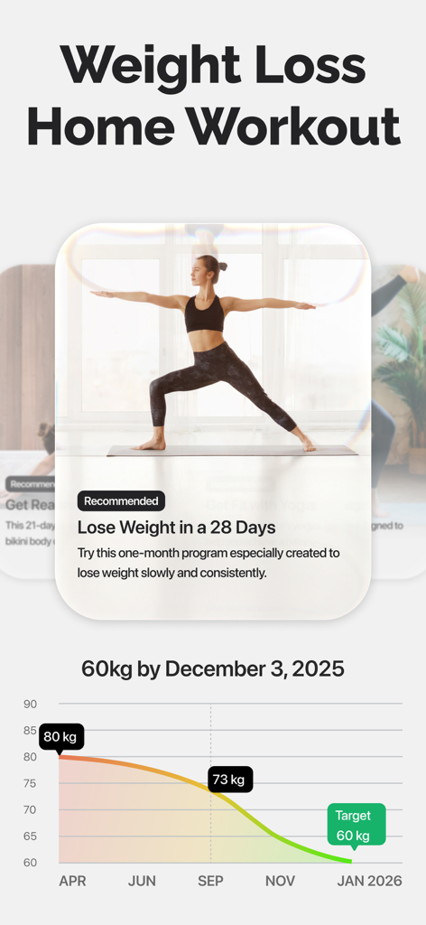 Lotus Flow - Yoga & Workout - Lotus Flow app screen displaying a 28-day weight loss program and a weight progress tracking chart