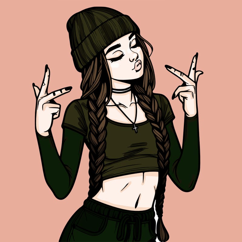 realistic teenage girl with braids and a beanie and crop top doing 🫶🏼