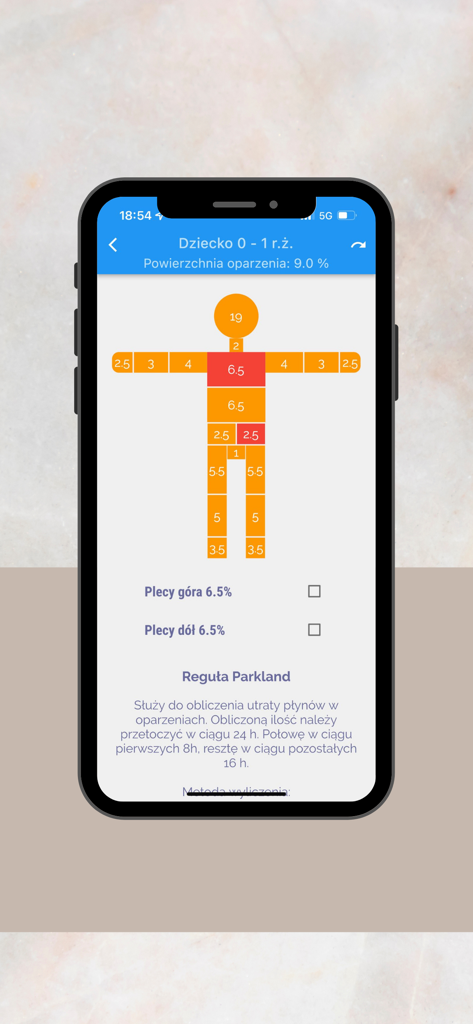 Pediatric burn surface area calculator with infant body diagram and Parkland formula