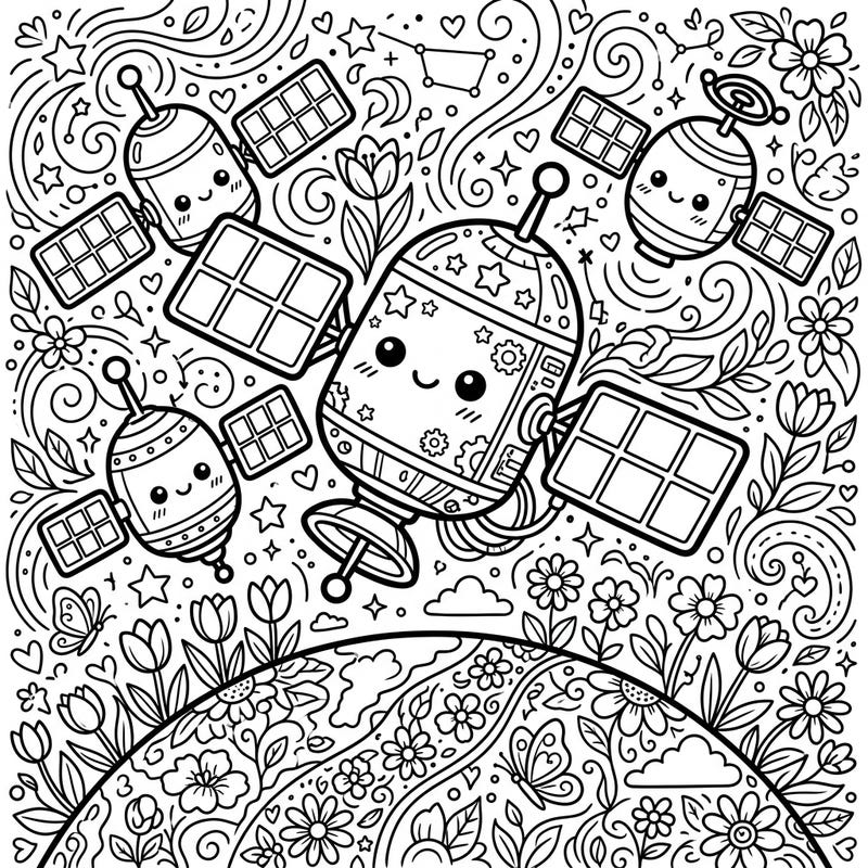 Discover an enchanting coloring page featuring cute Kawaii satellites dancing among a vibrant tapestry of spring flowers and starry skies. This unique design blends cosmic wonder with earthly beauty, inviting you to add your brightest colors.
