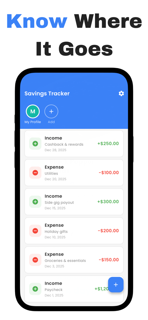 Savings Tracker - Savekit - Interface mobile de l'application Savekit affichant une liste détaillée des revenus et des dépenses