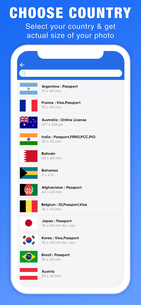 A menu showing a list of different countries and their specific passport and visa photo dimension requirements