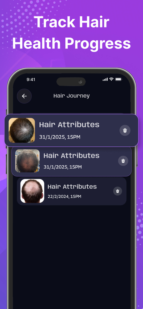 Hair AI: Hair Scanner & Care - Mobile screen showing the Hair AI app journey feature tracking scalp health progress with a timeline of scans