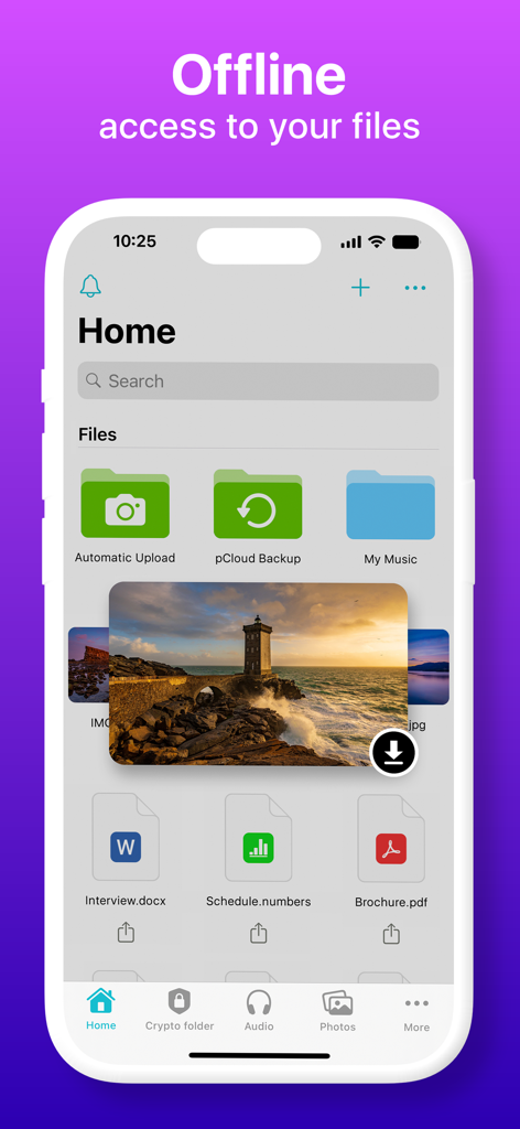 pCloud mobile App-Bildschirm, der den Offline-Zugriff auf Dokumente und Fotos zeigt