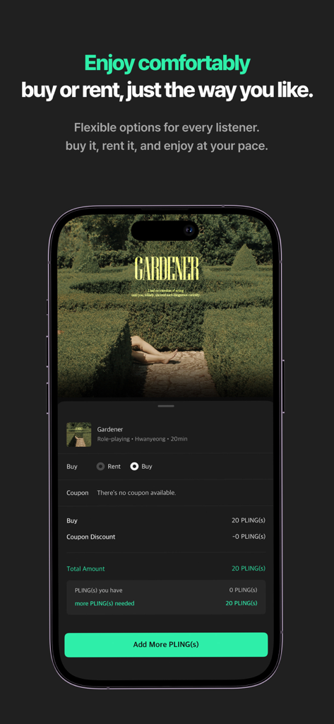 PLING : K-Drama Audio Stories - Interfaz de la aplicación PLING que muestra opciones para comprar o alquilar historias de audio románticas coreanas.