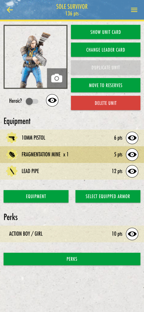Fallout Miniatures - Perfil de unidad del Único Superviviente que muestra equipo y ventajas en la aplicación Fallout Miniatures