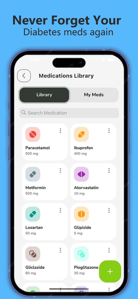 CareOn: Diabetes & Glucose App - Medikamentenbibliothek-Bildschirm in der CareOn Diabetes-App zur Verfolgung von Rezepten
