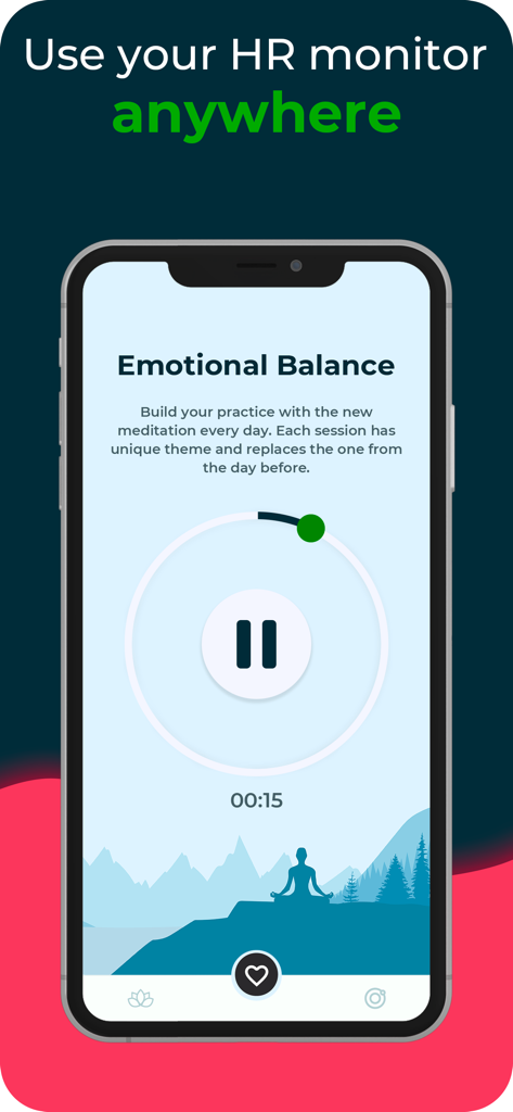 Pulsedo: Heart Rate Monitor - Tela de meditação do aplicativo Pulsedo mostrando a sessão de equilíbrio emocional com um cronômetro e uma paisagem montanhosa pacífica.