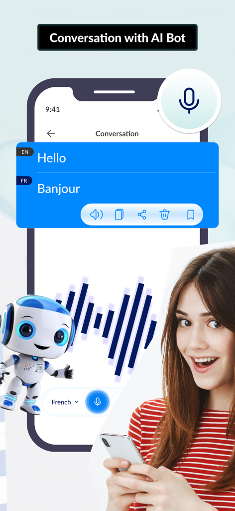 AI Translator | Voice & Photo - A woman using the AI Translator app for a voice conversation from English to French with an AI bot